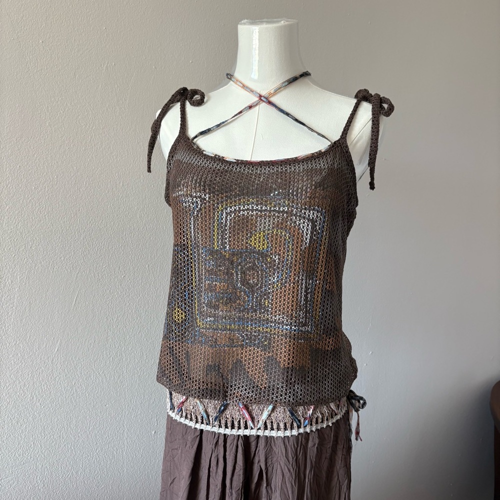 Save The Queen Vintage y2k Brown Printed Mesh Midi Dress